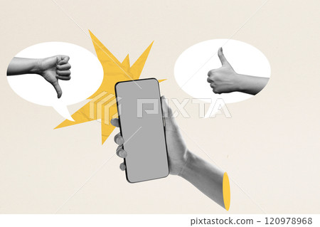 A human hand holding a mobile phone with two sides between thumb up and down gestures on a colored background 120978968