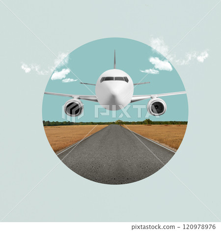 Commercial airplane take off from the runway with blue sky background 120978976