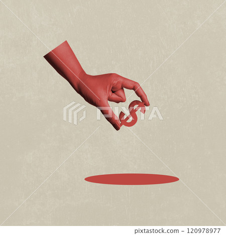 Human hand holding a red dollar sign on a colored background 120978977