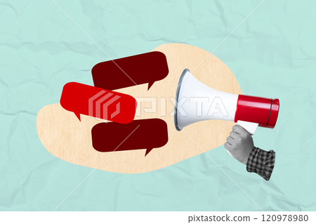 A human hand holding megaphone with a speech bubble on a colored background 120978980