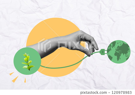 Human hand plug the electric cable from green plant to green earth on a colored background Human hand plug the electric cable from green plant to green earth on a colored background 120978983