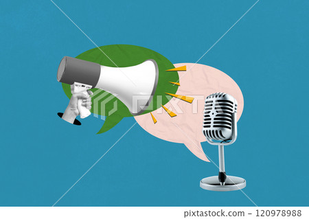 A human hand holding megaphone with a microphones and speech bubble on a colored background 120978988