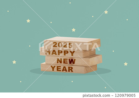 Stack of wooden blocks with text of Happy New Year 2025 with colored background 120979005