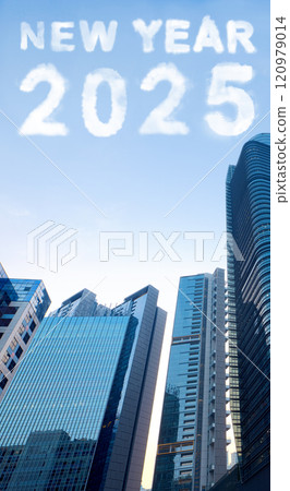 Clouds with text of New Year 2025 with modern building and skyscrapers background Clouds with text of New Year 2025 with modern building and skyscrapers background 120979014