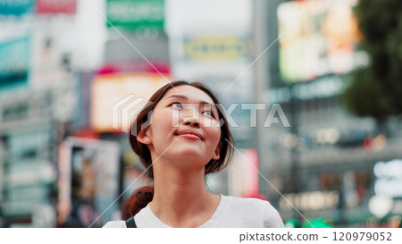 Japanese woman, thinking and city with travel, outdoor and sightseeing with smile from exploring. Happy, holiday and idea for vacation and urban journey in Tokyo with town trip and adventure break Japanese woman, thinking and city with travel, outdoor and sightseeing with smile from exploring. Happy, holiday and idea for vacation and urban journey in Tokyo with town trip and adventure break 120979052