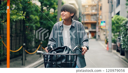 Travel, morning and Asian man with bicycle in city for commute, delivery service and journey outdoors. Courier, cycling and person on bike for trip, sustainability or eco friendly transport in Japan Travel, morning and Asian man with bicycle in city for commute, delivery service and journey outdoors. Courier, cycling and person on bike for trip, sustainability or eco friendly transport in Japan 120979056