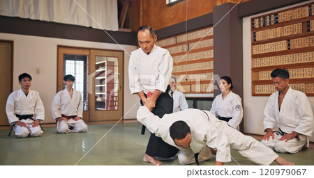 Karate, martial arts and self defense with instructor in dojo for demonstration, fitness or training. Challenge, grappling or technique with Sensei and student people in Japan for combat or fighting Karate, martial arts and self defense with instructor in dojo for demonstration, fitness or training. Challenge, grappling or technique with Sensei and student people in Japan for combat or fighting 120979067