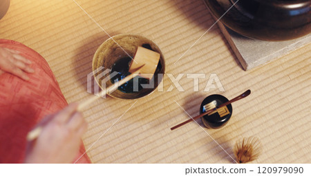 Hands, Japanese and matcha as ceremony for culture, heritage and respect as traditional beverage. Person, green tea and organic with drink, preparation and hospitality for practice or welcome in home 120979090