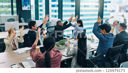 Applause, celebration and business people in meeting, success and cooperation. Employees, Japan or group clapping with achievement, kpi target or cheering for victory or positive feedback in office 120979173