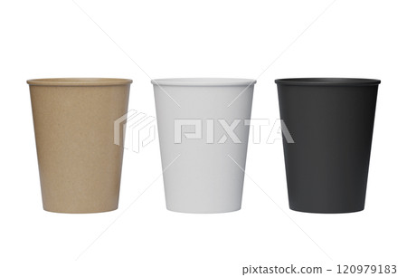 three paper cups on the floor 3D render mock up image 120979183