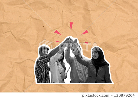 Business people with different diversity raised hands together with a colored background Business people with different diversity raised hands together with a colored background 120979204