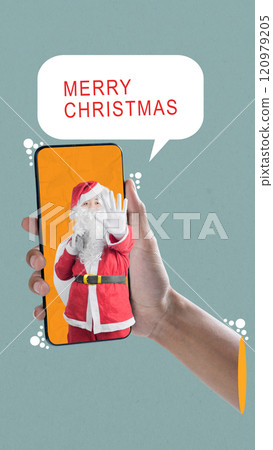 Santa claus carrying a gift bag and text of merry christmas showing from mobile phone screen on colored background 120979205
