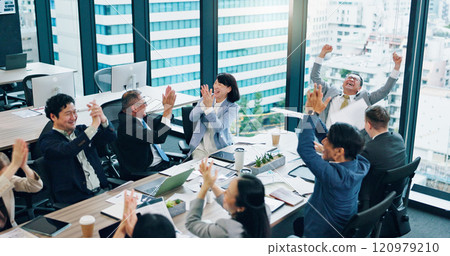 Applause, celebration and business people in meeting, teamwork and cooperation. Employees, Japan or group clapping with success, achievement or cheering for victory or positive feedback in office Applause, celebration and business people in meeting, teamwork and cooperation. Employees, Japan or group clapping with success, achievement or cheering for victory or positive feedback in office 120979210