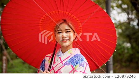Japanese, woman and portrait with fashion for umbrella, vintage style and fresh air with smile. Outdoor, female person and heritage with kimono for indigenous clothes, culture or happiness for travel 120979246
