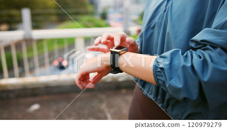 Fitness, hands and person with smart watch in city to check training progress, performance results and steps in Japan. Outdoor, workout and wristwatch for sports, time app or monitor pulse for health 120979279