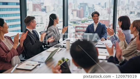 Business, people and happy with applause at boardroom for achievement or congratulations on investment in Japan. Office, employees and smile proud with clapping hands as accountant for teamwork 120979319