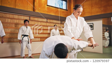 Karate demonstration, submission and teacher with students in dojo for fitness or training. Learning, self defense and technique with people in Japan for combat, fighting or martial arts class Karate demonstration, submission and teacher with students in dojo for fitness or training. Learning, self defense and technique with people in Japan for combat, fighting or martial arts class 120979397