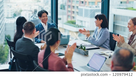 Business, people and celebration with applause in meeting for company kpi goals, investment contract and support. Japanese firm, finance staff and clapping hands for merger success or b2b opportunity Business, people and celebration with applause in meeting for company kpi goals, investment contract and support. Japanese firm, finance staff and clapping hands for merger success or b2b opportunity 120979412