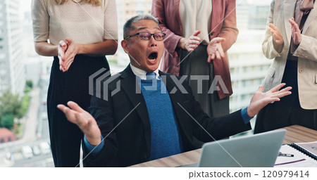Businessman, surprise and team celebrate on laptop for achievement, success or clapping. Excited, winner and shocked mature manager with Japanese group for award, wow and investment profit in office Businessman, surprise and team celebrate on laptop for achievement, success or clapping. Excited, winner and shocked mature manager with Japanese group for award, wow and investment profit in office 120979414