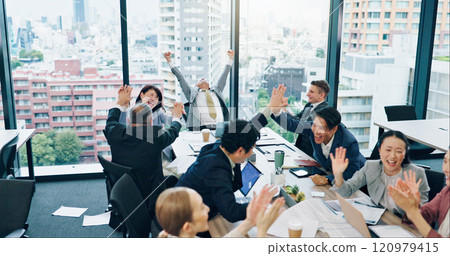 Applause, celebration and business people in meeting, happiness and cooperation. Employees, Japan and group clapping with success, achievement and cheering for victory, smile and company growth Applause, celebration and business people in meeting, happiness and cooperation. Employees, Japan and group clapping with success, achievement and cheering for victory, smile and company growth 120979415