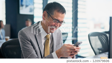 Phone, happy and mature businessman in office with report for email with client communication. Laugh, cellphone and financial planner with contact for online investment profit or revenue in Japan. Phone, happy and mature businessman in office with report for email with client communication. Laugh, cellphone and financial planner with contact for online investment profit or revenue in Japan. 120979606