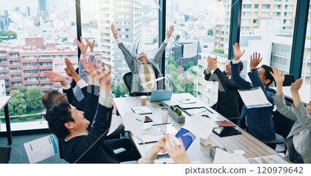 Applause, celebration and business people in meeting, achievement and cooperation. Employees, Japan or group clapping with success, excited and cheering for victory or positive feedback in office Applause, celebration and business people in meeting, achievement and cooperation. Employees, Japan or group clapping with success, excited and cheering for victory or positive feedback in office 120979642