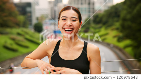 Fitness, laughing and portrait of woman in Japan for cardio or marathon training routine. Exercise, funny and smile of happy Japanese sports athlete or runner on bridge for health or wellness Fitness, laughing and portrait of woman in Japan for cardio or marathon training routine. Exercise, funny and smile of happy Japanese sports athlete or runner on bridge for health or wellness 120979648