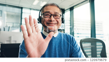 Happy, asian man and portrait with headphones for video call, online language teacher or training seminar at office. Japan, male person or linguist with smile or pov for virtual meeting or webinar Happy, asian man and portrait with headphones for video call, online language teacher or training seminar at office. Japan, male person or linguist with smile or pov for virtual meeting or webinar 120979679