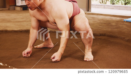 Body, dohyo and mawashi and with Sumo wrestler closeup for martial arts competition or tournament in Japan. Fight, power and strength with person in arena or ring for culture, heritage or pride Body, dohyo and mawashi and with Sumo wrestler closeup for martial arts competition or tournament in Japan. Fight, power and strength with person in arena or ring for culture, heritage or pride 120979685