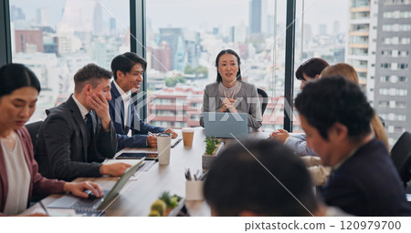 Business, people and meeting at office for teamwork, collaboration and discussion for project in Japan. Employees, boardroom and conversation with feedback, report and review or update as accountant 120979700
