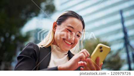 Business woman, phone and excited in city for contact, texting or legal career with booking taxi in street. Person, smartphone and corporate lawyer with reading notification, deal and travel in Japan Business woman, phone and excited in city for contact, texting or legal career with booking taxi in street. Person, smartphone and corporate lawyer with reading notification, deal and travel in Japan 120979726