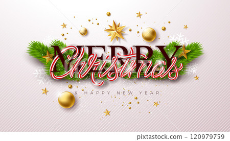 Merry Christmas and Happy New Year Banner with Christmas Candy Cane Typography Letter Fir Branch and Ornamental Ball on White Background. Vector Xmas Holiday Season Banner Design for Greeting Card Merry Christmas and Happy New Year Banner with Christmas Candy Cane Typography Letter Fir Branch and Ornamental Ball on White Background. Vector Xmas Holiday Season Banner Design for Greeting Card 120979759