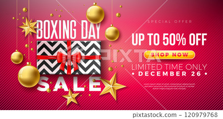 Boxing Day Sale Design with Gift Box, Golden Ornamental Ball and Typography Lettering on Red Background. Christmas Holiday Vector Business Illustration with Special Offer Elements for Coupon, Voucher Boxing Day Sale Design with Gift Box, Golden Ornamental Ball and Typography Lettering on Red Background. Christmas Holiday Vector Business Illustration with Special Offer Elements for Coupon, Voucher 120979768