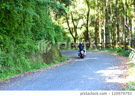 Bikers climbing the mountain path at Hyuga Yakushi Bikers climbing the mountain path at Hyuga Yakushi 120979793