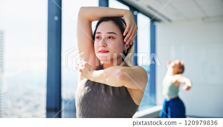 Fitness, woman and creative performance for practice, training and choreography in ballet dance studio. Rehearsal, flexibility and Japanese dancer for company, theater and classical art school 120979836