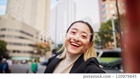 Happy woman, portrait and selfie in city for business, travel and excited for career opportunity in Tokyo. Japanese person, smile and outdoor in town with network, social media and profile picture 120979845