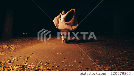 Japanese woman, outdoor and ballerina as professional dancer for practice, training and choreography. Female person, technique and street with ballet for rehearsal, theater and performance at night 120979863