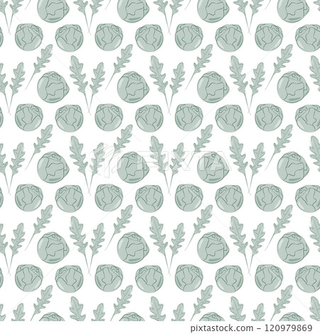 Arugula leaves and Brussels sprouts heads Seamless Pattern in monochrome green. Healthy eating fond Arugula leaves and Brussels sprouts heads Seamless Pattern in monochrome green. Healthy eating fond 120979869