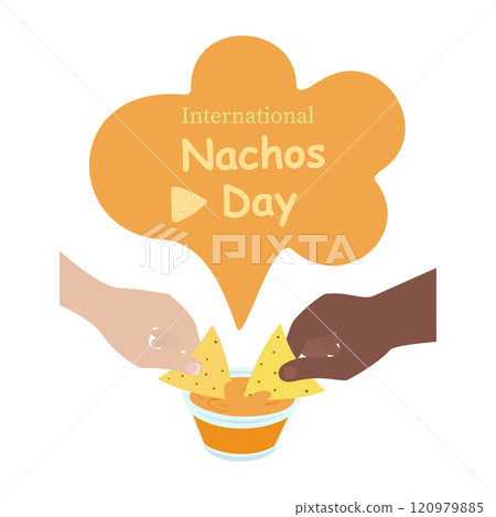 Male and female hand dipped nachos in saucer with cheese sauce. International Nachos Day lettering Male and female hand dipped nachos in saucer with cheese sauce. International Nachos Day lettering 120979885