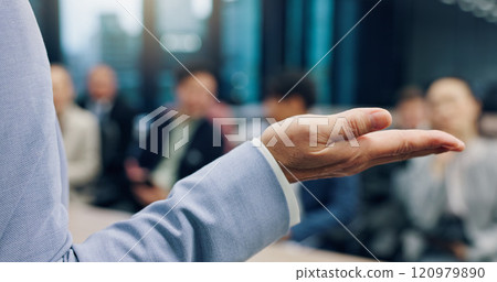 Businessman, speech or hands of speaker in presentation for education, coaching and value in office. Learning, teaching or CEO talking to improve performance or development skills in seminar in Japan 120979890