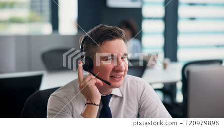 Office, businessman and computer with headset for call center, telemarketing and support for customer service. Japanese, male person and agent with mic for consulting, virtual assistant and research 120979898