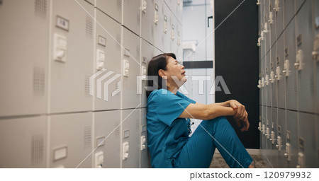 Stress, woman and doctor crying in hospital with healthcare mistake, error or fail in treatment. Upset, burnout and female medical worker with grief for patient loss in surgery at clinic in Japan. Stress, woman and doctor crying in hospital with healthcare mistake, error or fail in treatment. Upset, burnout and female medical worker with grief for patient loss in surgery at clinic in Japan. 120979932