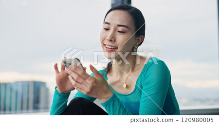 Dancer, scroll and woman with smartphone in class, browsing social media and laughing or watching video. Japanese, influencer and communication with online, audience and performer for live stream Dancer, scroll and woman with smartphone in class, browsing social media and laughing or watching video. Japanese, influencer and communication with online, audience and performer for live stream 120980005