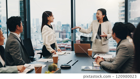 Business people, meeting and teamwork in office for praise, celebration and company financial review. Japan, stakeholder and executive conference for investment proposal, collaboration or achievement 120980023