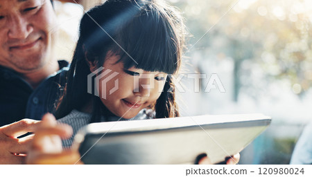 Father, girl and tablet in home for bonding, playing games or streaming cartoon video with website. Japanese family, kid and dad together with technology for teaching, development or online education 120980024