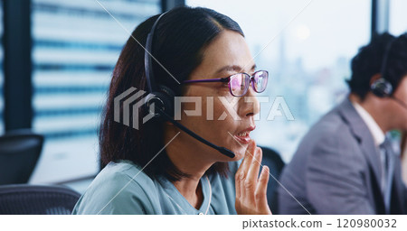 Customer service, headset and Japanese woman for technical support, call center or advice in agency. Female person, microphone and virtual assistant in consulting, coworking and feedback at help desk 120980032