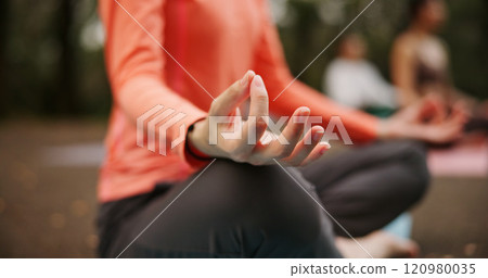 Woman, nature hands and lotus at yoga class, meditation and support pilates for spiritual wellness. Forest, holistic healing and instructor for fitness in Japan, friends group and zen mindfulness Woman, nature hands and lotus at yoga class, meditation and support pilates for spiritual wellness. Forest, holistic healing and instructor for fitness in Japan, friends group and zen mindfulness 120980035