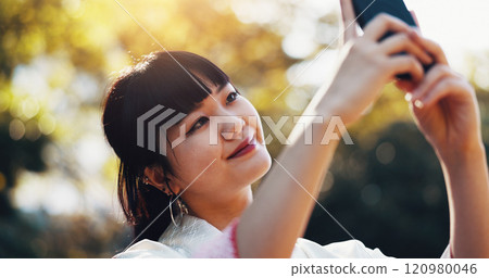 Nature, selfie and woman with trees, smile and connection for social media on outdoor adventure. Influencer, streamer and Japanese girl in park on mobile app for live streaming on travel in morning Nature, selfie and woman with trees, smile and connection for social media on outdoor adventure. Influencer, streamer and Japanese girl in park on mobile app for live streaming on travel in morning 120980046