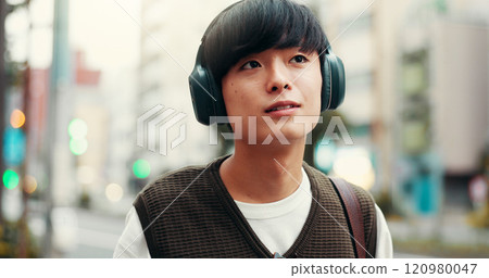 Japanese man, thinking and outdoor with headphones, vision and pride in city street or metro. Male person, happiness and music as engineering student in university with planning, tourism and commute Japanese man, thinking and outdoor with headphones, vision and pride in city street or metro. Male person, happiness and music as engineering student in university with planning, tourism and commute 120980047