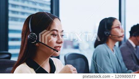 Call center, headset and Japanese woman for customer service, technical support and advice in agency. Female person, coworking and consulting as virtual assistant, talking and feedback for help desk Call center, headset and Japanese woman for customer service, technical support and advice in agency. Female person, coworking and consulting as virtual assistant, talking and feedback for help desk 120980077